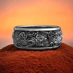 Dragon Ring 925 Sterling Silver, Fierce Asian Dragon Band for Men, Gothic Handmade Mythical Beast Jewelry, Bold Statement Ring