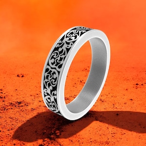 Floral Silver Band Ring, 925 Sterling Silver Filigree Ring, Handmade Wedding Band, Gothic Floral Jewelry, Vintage Style Men’s Ring,