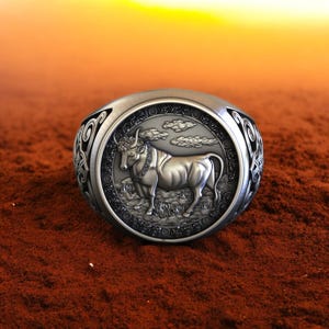 Taurus Zodiac Ring: Sterling Silver Bull, Celtic Band