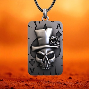 Sterling Silver Skull Ace Card Necklace: Gothic Biker Jewelry