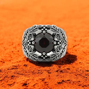 Garnet Statement Ring: Sterling Silver Gothic Leaf Band