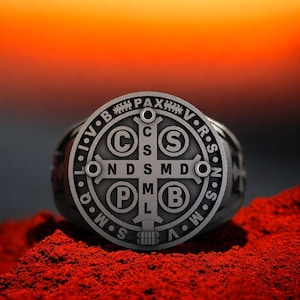 Saint Benedict Ring, 925 Sterling Silver Catholic Protection Ring, Religious Signet Ring for Men, Benedictine Medal Cross Jewelry