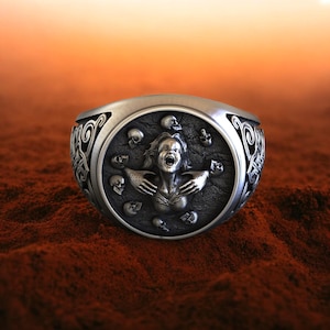 Horror Skull Ring, 925 Sterling Silver Gothic Horror Ring, Handmade Biker Jewelry, Dark Fantasy Statement Ring, Unique Men’s Jewelry