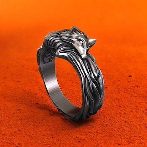 Fox Head Ring, 925 Sterling Silver Animal Ring for Men, Handmade Forest Spirit Jewelry, Detailed Wild Fox Band Ring