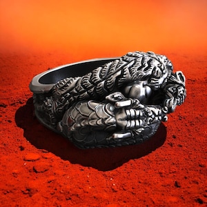 Sterling Silver Dragon Guardian Ring, Mythical Beast Jewelry, Gothic Style Statement Ring, Unique Handmade Gift for Men and Women