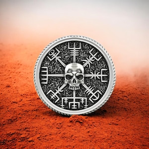Viking Skull Ring 925 Sterling Silver, Vegvisir Symbol Ring For Men, Norse Compass Ring, Nordic Skull Jewelry, Viking Signet Ring