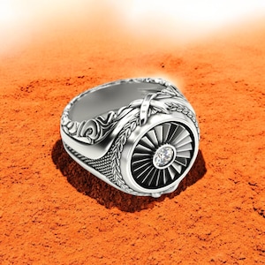 Jet-Triebwerk Ring, 925 Sterling Silber Luftfahrt Schmuck für Männer, Turbine Fan Ring, Flugzeug Pilot Geschenk, moderner Flugzeug-Triebwerk Ring