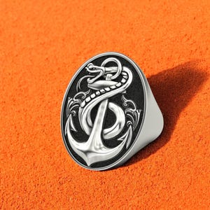 Anker Schlange Ring 925 Sterling Silber, Anker Siegelring für Männer, Seeschlange Statement Ring, Meeressymbol Schmuck