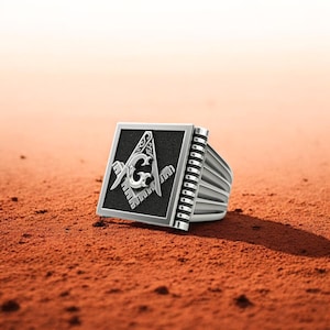 Masonic Ring 925 Sterling Silver, Unique Square & Compass Freemason Ring for Men, Bold Handmade Silver Masonic Signet Ring