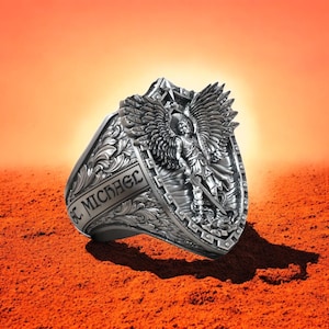 St. Michael Ring 925 Sterling Silber, Erzengel Schildring für Männer, Schutzengel schütze uns Ring, christlicher Krieger Schmuck