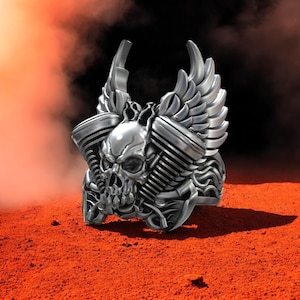Sterling Silver Winged Engine Skull Ring: Gothic Biker Jewelry