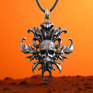 Oxidized Sterling Silver Skull Pendant - Gothic Biker Necklace