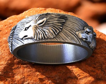 男性用キングライオンシルバーリング、ハンドメイドライオンレリーフ