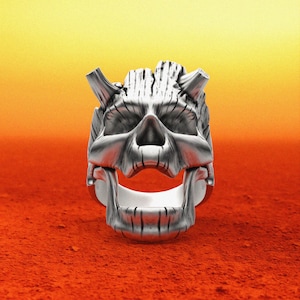 Demon Skull Ring, 925 Sterling Silver Horned Skull Biker Ring, Gothic Devil Head Jewelry For Men, Heavy Metal Statement Ring
