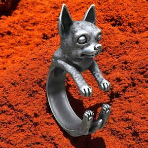 Handmade Sterling Silver Chihuahua Ring: Adjustable Dog Wrap Jewelry