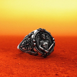 Saint Michael Ring 925 Sterling Silver, Gothic Archangel Warrior Jewelry for Men, Religious Protection Ring, Angel Sword Statement Ring