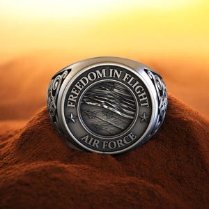 Air Force Ring 925 Sterling Silver, Freedom In Flight Ring For Men, Patriotic Military Ring, USA Flag Band, Veteran Gift Jewelry