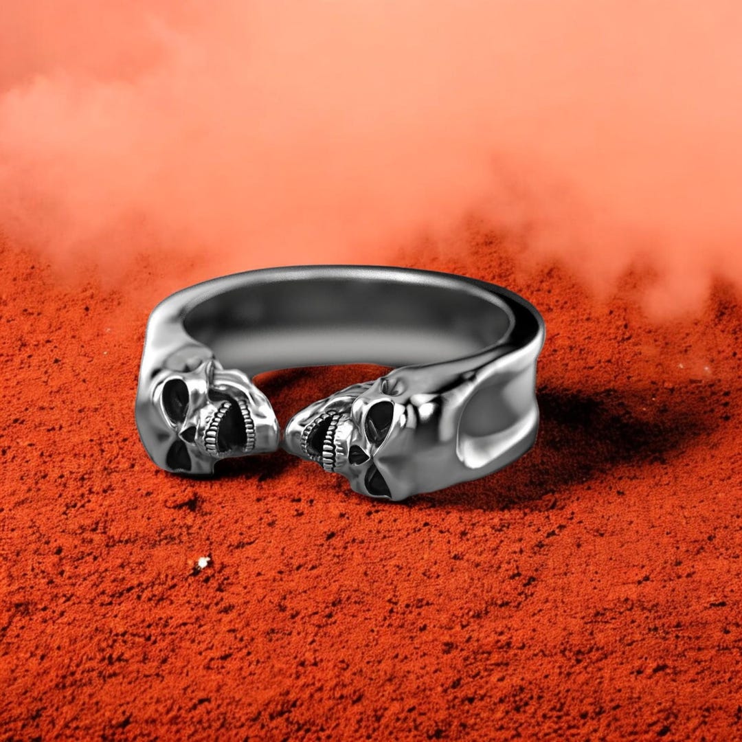 Double Skull Ring, Gothic 925 Sterling Silver Open Band