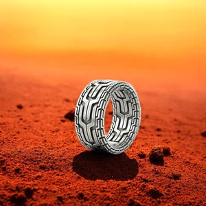 Geometric Ring 925 Sterling Silver, Modern Patterned Men’s Band, Unique Handmade Silver Wide Statement Ring, Bold Contemporary Jewelry Gift