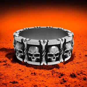 Skull Ring 925 Sterling Silver, Gothic Skull and Bones Band Ring for Men, Biker Skeleton Ring, Bold Statement Ring, Dark Gothic Jewelry