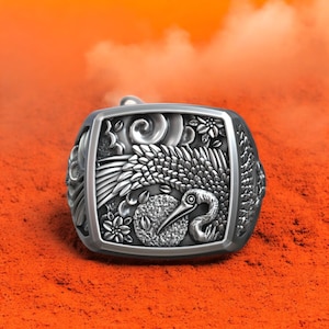 Crane Bird Signet Ring, 925 Sterling Silver Floral Japanese Art Ring, Nature Inspired Crane Ring, Oriental Pattern Bird Jewelry Gift