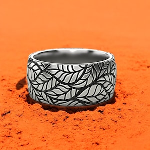 Leaf Pattern Ring 925 Sterling Silver, Nature Inspired Wedding Band, Botanical Statement Ring for Men and Women, Wide Silver Leaf Band Gift