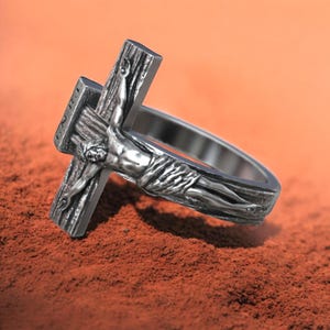 Jesus Cross Ring, 925 Sterling Silver Crucifix Ring for Men, Handmade Christian Religious Jewelry, Faith Cross Ring Statement Gift