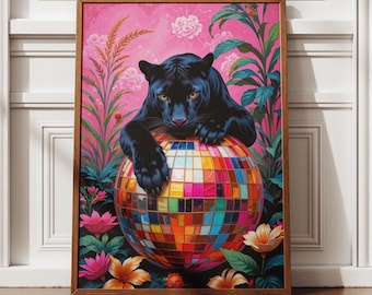 Maximalistisk panterkonsttryck, grandmillenialkonst, dopamindekor, discokultryck, maximalistiskt tryck, trendig väggkonst, estetisk dekor