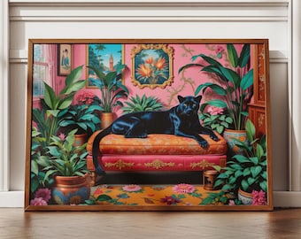 Svart panter maximalisttryck, rosa chinoiseriedekor, dopamindekor, trendig konst, maximalistisk dekor, kitschkonst, grandmillennialkonst