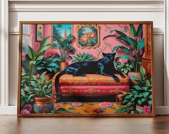 Svart panter maximalisttryck, rosa chinoiseriedekor, dopamindekor, trendig konst, maximalistisk dekor, kitschkonst, grandmillennialkonst
