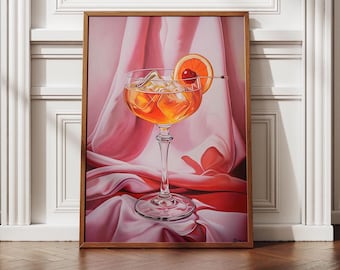 Snyggt rosa retro cocktailtryck, barvagnsdekor, elegant sofistikerad retro, cocktailväggkonst, alkoholposter, bartryck, trendig väggkonst