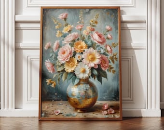 Blommigt rokokokonsttryck, discokultryck, maximalistisk konst, älvtryck, blommor i vas, rokoko-revival, elegant inredning, trendig inredning