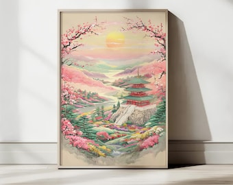 Japanskt körsbärsblomstryck, elegant pagodkonst, japansk konst, japanskt landskap, Ukiyo-e-inspirerad, landskapsaffisch, Japandi-konst