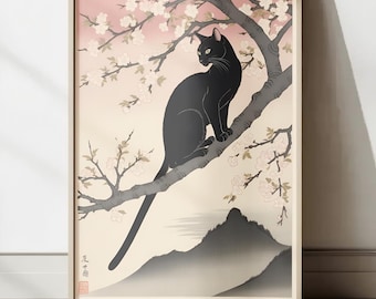 Ukiyo-e svart katt i körsbärsblomsträd, Japandi-konst, japanskt tryck, väggdekor, heminredning, katttryck, japansk väggkonst