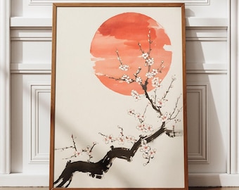 Japandi minimalistische Kunst, Japandi Wandkunst, Kirschblüten Druck, japanischer Kunstdruck, aufgehende Sonne Kunst, minimalistischer Digitaldruck, modernes Dekor