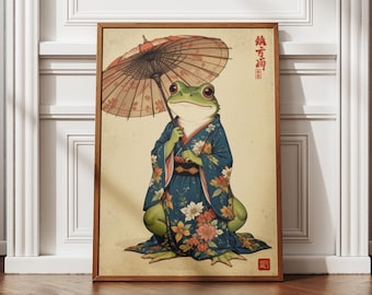 Matsumoto Hoji-groda med parasoll, vintage träblocksaffisch med groda, Ukiyo-e-grodatryck, japansk groda, asiatisk väggkonst, japansk väggkonst