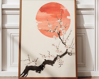 Japandi minimalistisk konst, Japandi väggkonst, körsbärsblomstryck, japanskt konsttryck, soluppgångskonst, minimalistiskt tryck, modern inredning