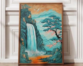 Fridfullt vattenfall, Hokusai-inspirerad japansk väggkonst, vattenfallstryck, japansk dekor, japanskt tryck, landskapskonst, Japandi-konst, guldkonst