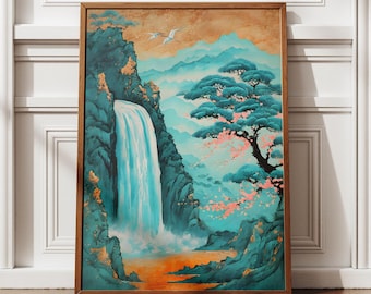 Fridfullt vattenfall, Hokusai-inspirerad japansk väggkonst, vattenfallstryck, japansk dekor, japanskt tryck, landskapskonst, Japandi-konst, guldkonst
