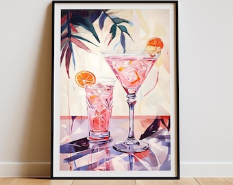 Maximalistisk retro cocktailtryck, rosa cocktail, retro väggkonst, cocktailtryck, barvagnskonsttryck, digitalt tryck, trendig väggkonst