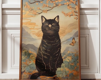 Japanskt vintagekatttryck, japanskt katttryck, kattpresent, present till kattälskare, djurkonst, Ukiyo-e-tryck, asiatisk konst, orientalisk inredning