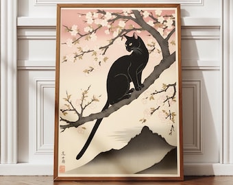 Ukiyo-e svart katt i körsbärsblomsträd, Japandi-konst, japanskt tryck, väggdekor, heminredning, katttryck, japansk väggkonst