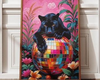 Maximalistisk panterkonsttryck, grandmillenialkonst, dopamindekor, discokultryck, maximalistiskt tryck, trendig väggkonst, estetisk dekor