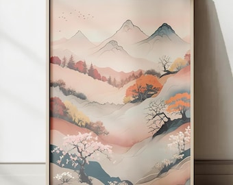 Estetiskt japanskt landskapstryck, Japandi-väggkonst, höstlandskap, väggkonst, minimalistiskt tryck, digital dekor, bergstryck