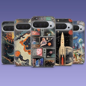 May include: A collection of five phone cases with unique space-themed designs. The cases feature illustrations of planets, rockets, and retro televisions displaying space imagery. The color palette includes shades of orange, blue, and black.