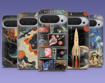 Funda para teléfono con diseño espacial vintage y planetas retro para Google Pixel 10, 10 Pro, 9A, 9 Pro, 8, 7A, 6A, Samsung S25 Fe, S24, S23, S22, A17, iPhone 17