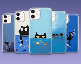 Funda para teléfono con diseño de gato y pez dorado para iPhone 17, 16, 15, 14, 13, 12, Samsung S25, S24Fe, S23, S22, A16, A56, A54, Pixel 10Pro, 9, 8