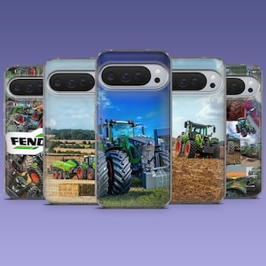 May include: Five phone cases displaying images of green and red tractors in agricultural scenes. The cases show tractors in fields, hay bales, and under blue skies. One case features the "FEND" logo.