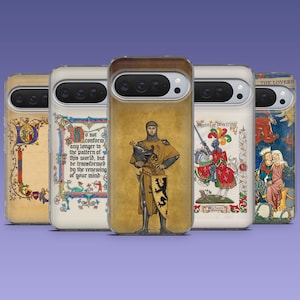 May include: A collection of phone cases featuring medieval art. The cases display illustrations of knights, illuminated manuscripts, and tarot card imagery. The color palette includes gold, red, blue, and cream tones, with some cases displaying text.