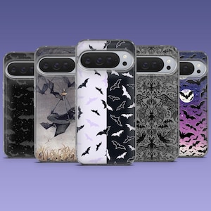 May include: Five phone cases with bat designs. The cases feature black and white bats, a bat with a hot air balloon, and a moonlit night scene with bats. The cases are set against a purple background.
